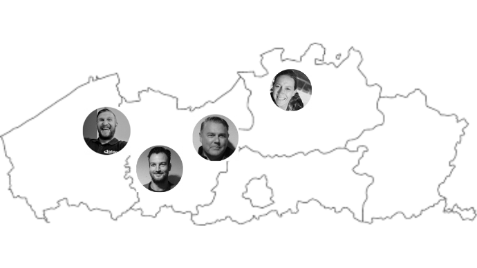 kaartje met gezichten van de Alsan vertegenwoordigers in hun regio aangeduid op de kaart