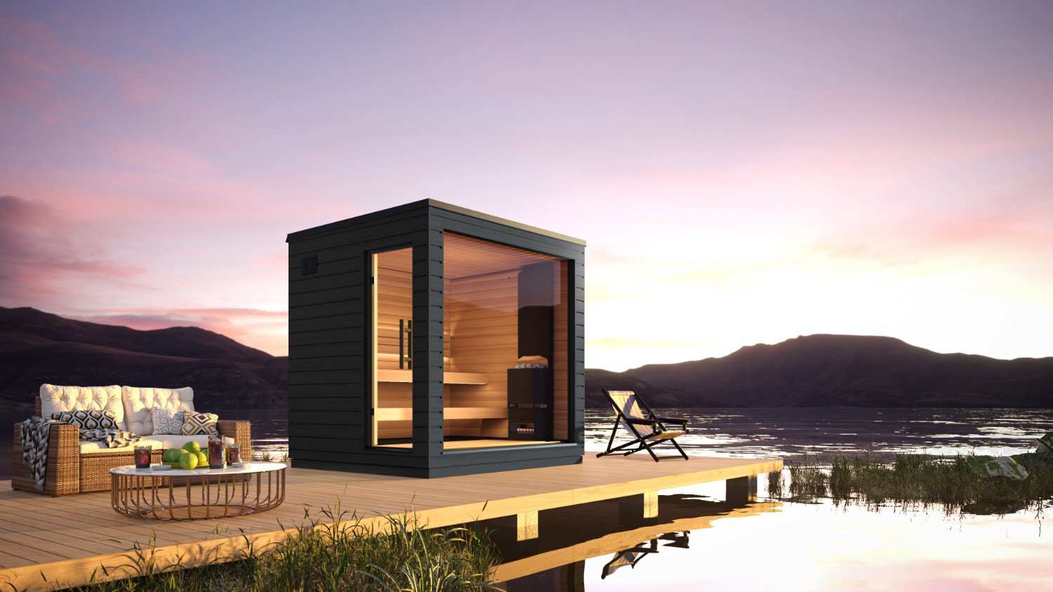 Artissan Wellness outdoor sauna cabine zwart aan een meer