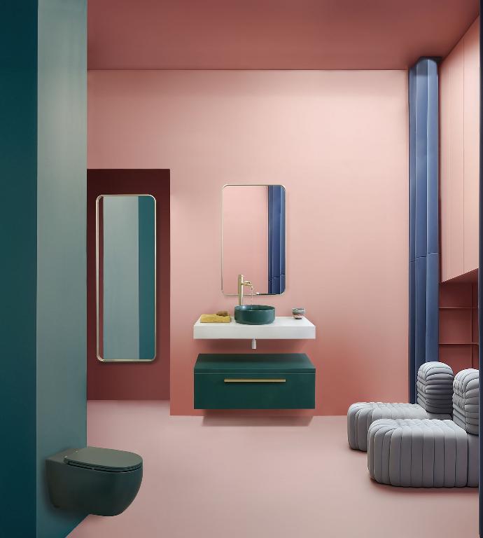 trend blue Sky badkamezr meubel en toilet in groen met blauwe accenten en roze accenten