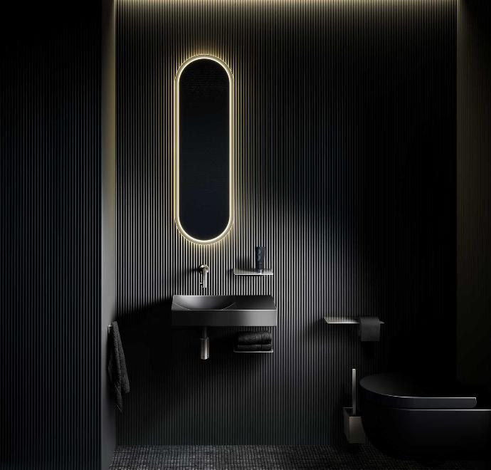 Clou handwasbakje, zwart porselein, mat zwart, muurkraan in inox, hangtoilet in mat zwart, ovale spiegel met indirecte verlichting